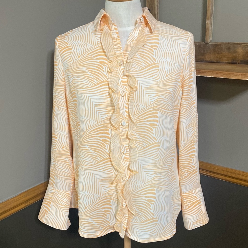 Chico’s orange & white zebra print ruffle button down long sleeve top size XS